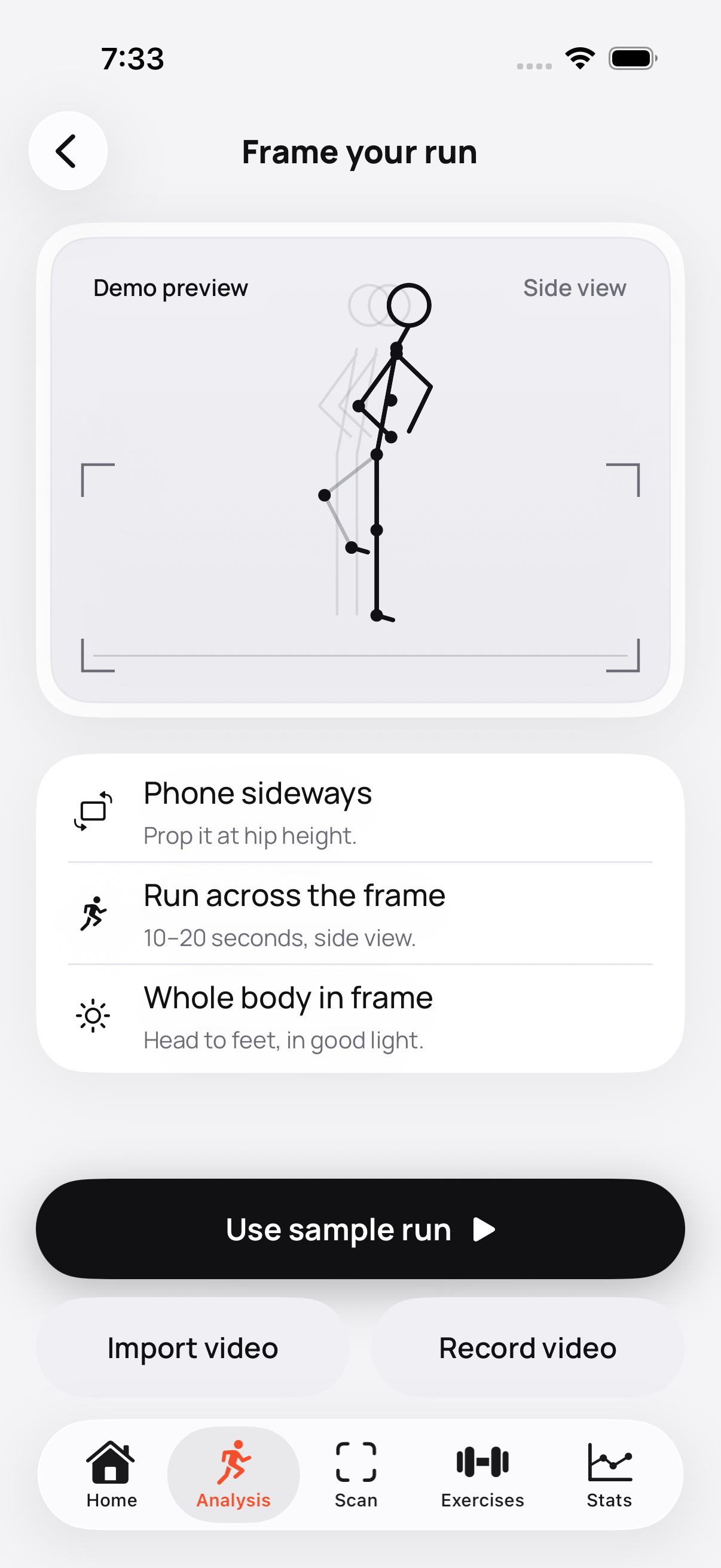 Caden frame your run guide: phone sideways at hip height, run across the frame, whole body in view