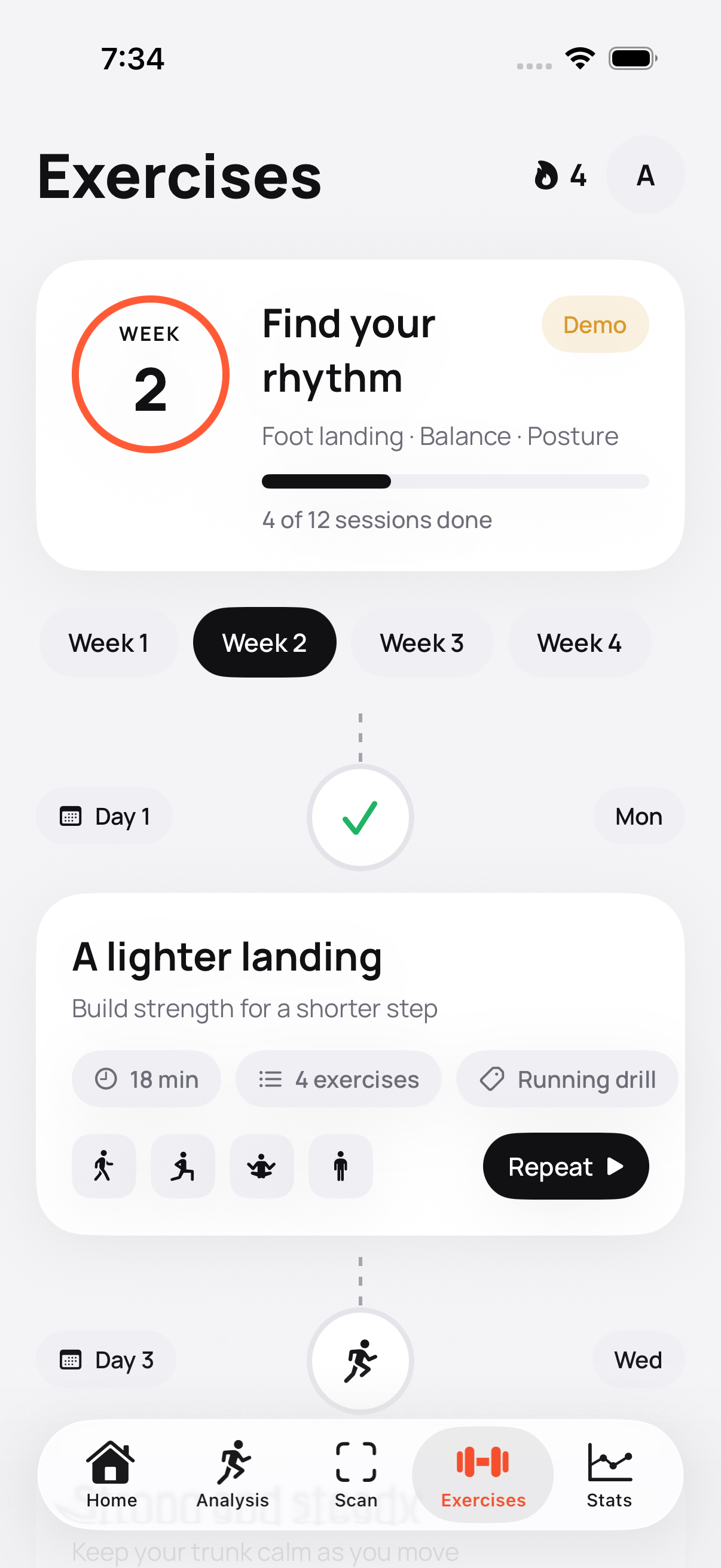 Caden running practice plan screen showing weekly drill, balance and posture sessions