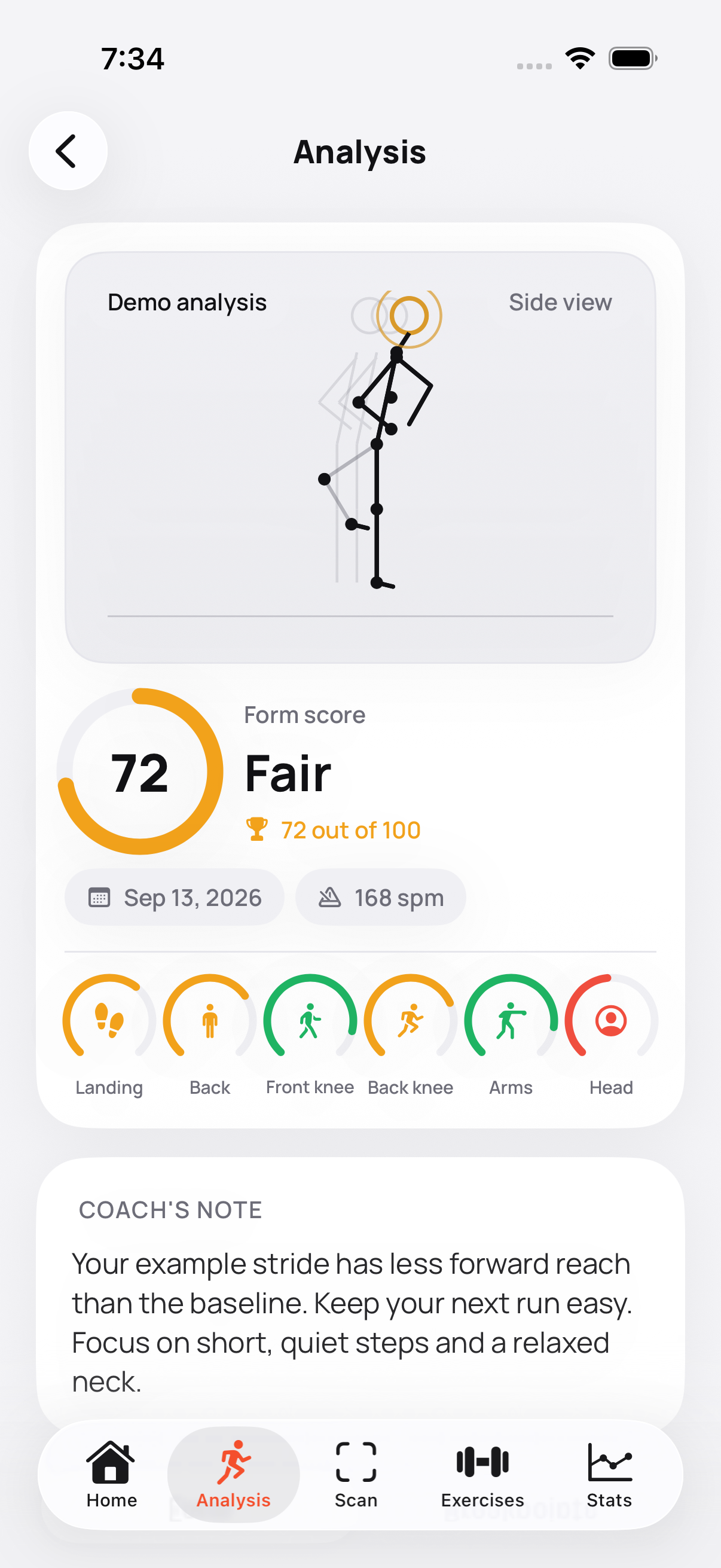 Caden running form analysis result: form score 72, cadence 168 steps per minute, scores for foot landing, knee bend, upper body lean, arm bend and head position